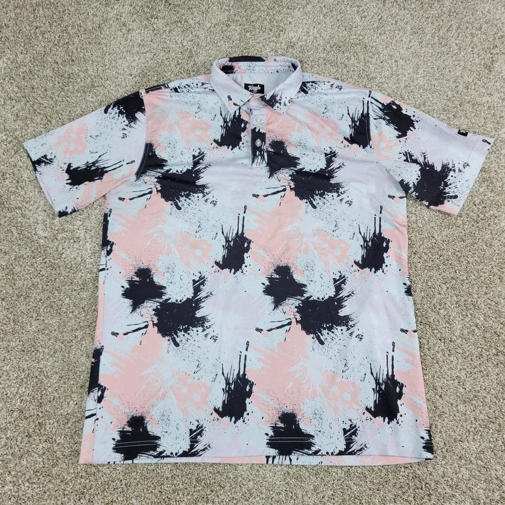 Waggle Mens XL Black White Pink AOP Paint Splatter Performance Stretch Golf Polo - Picture 2 of 5